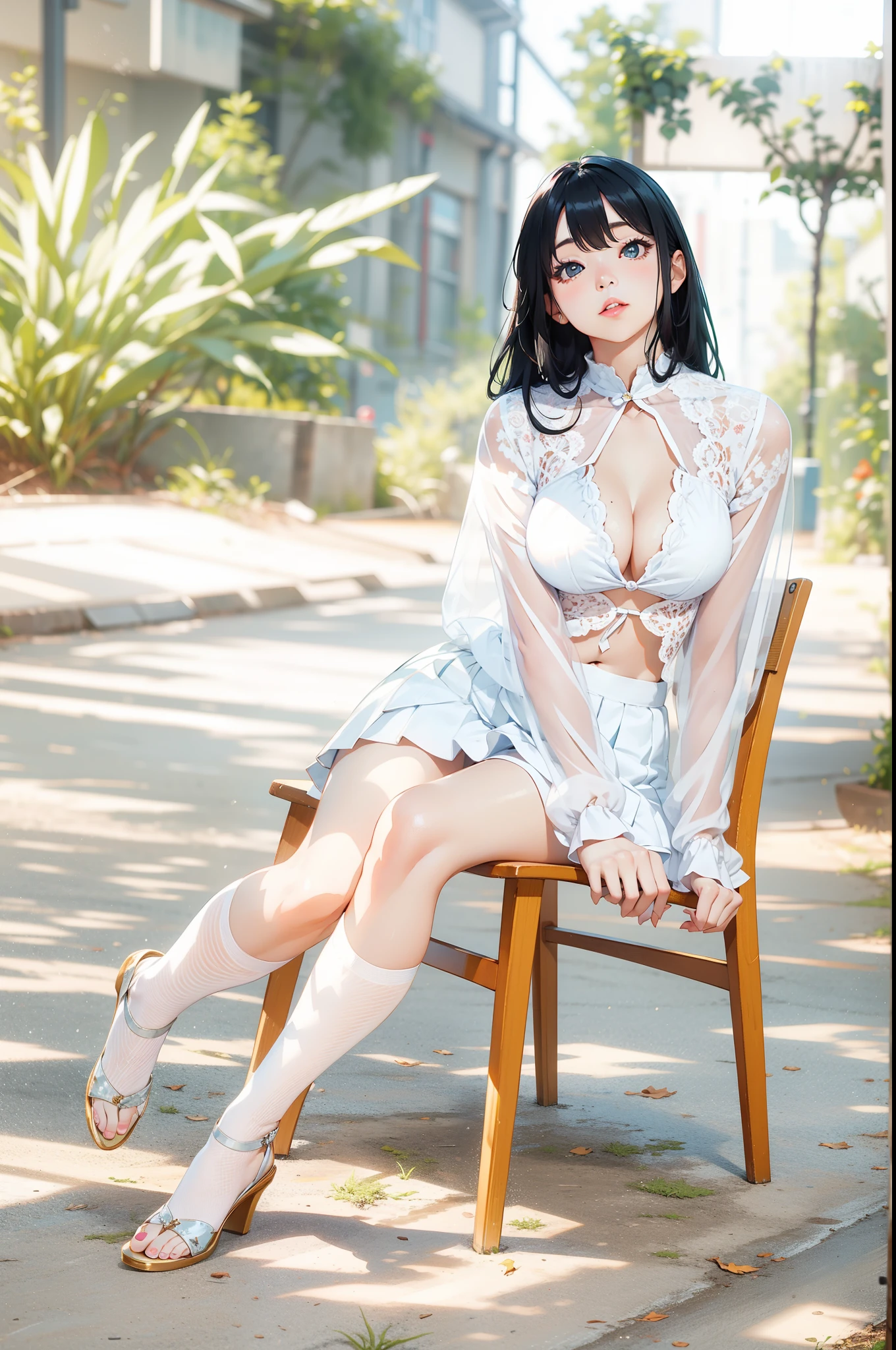 Muchimuchi、dazzling sunshine、watch here、dramatic lighting、Artistic colors、black haired、high school girl、thick legs、short skirt