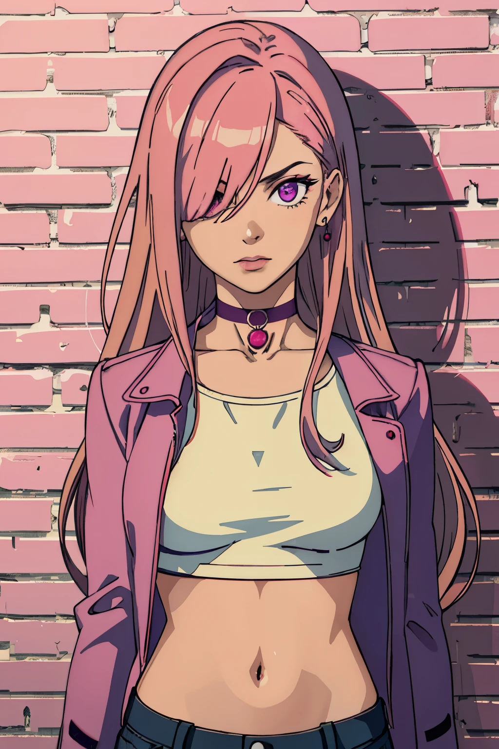 (masterpiece, best quality, 1girl, solo, intricate details, chromatic aberration), realistic, ((medium breath)),long hair, pink hair, red head ornament, pink highlights, hair over one eye,purple eyes, earrings, sharp eyes, choker, neon shirt, open jacket, crop top, (symmetry eyes),(perfect symmetrical body),against wall, brick wall, graffiti, dim lighting, alley ,look at viewer