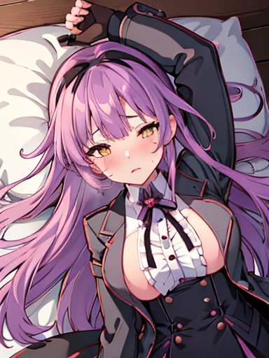 ((nsfw)),Sleep in bed、lie down、On your back、((open your legs))、vaginal ejaculation、It's inside、dripping、vaginal _Large amount、Hand up、Holding a pillow、blush、涙eye、Crying face、resistance、glaring,(1 girl), (beautiful detailed girl), Len Bright, yellow_eye, purple hair, long hair, Broke up_前hair, hair_ribbon, black coat, white shirt, pantyhose, black knee boots, short black skirt, frills, black_gloves, ,, smug