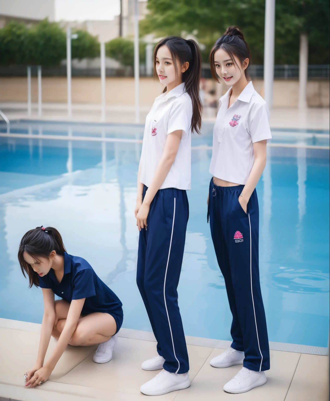 3 girls in the swimming pool, Navy blue short-sleeved shirt,Navy Long Trackpant,Sweatpants, Sweatpantsขายาว,25 year old girl, lesbian, sexy, exercise clothes, wet body, exercise clothes