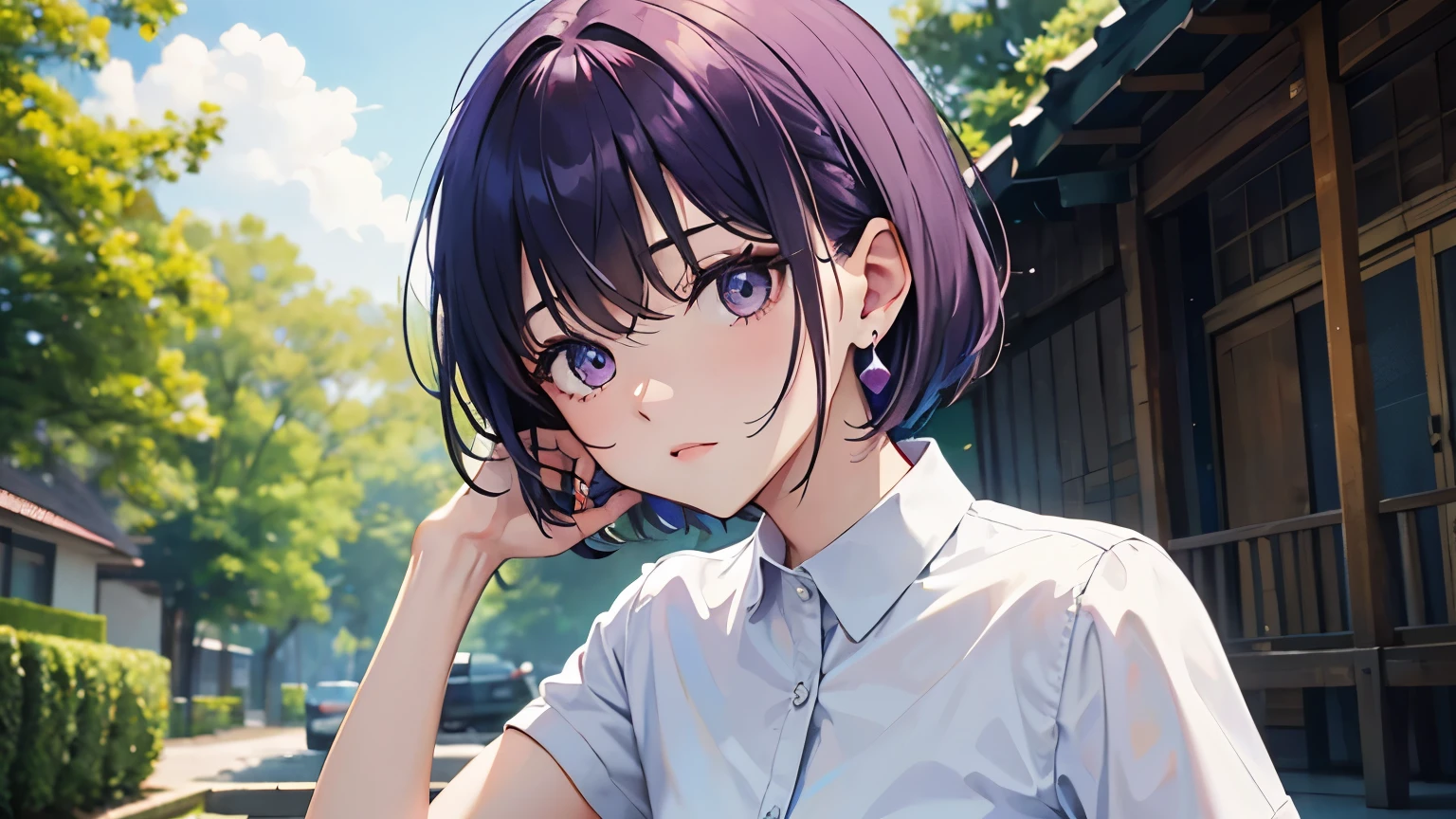 masterpiece、best quality、one girl、Upper body、bangs bangs、short hair、purple hair、stylish earrings、angry look、Hold out your hand