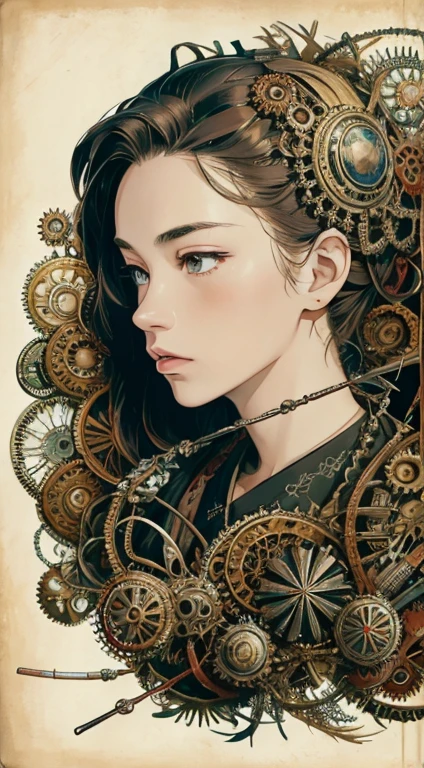 official art, unity 8k wallpaper, Super detailed, beautiful and aesthetic, masterpiece, highest quality, (zentangle, mandala, tangle, entangle), (fractal art:1.3) ,( 1 girl:1.4), very detailed, dynamic angle, cowboy shot, the most beautiful form of chaos, elegant, brutal designer, Bright colors, romanticism, Written by James Jean, robbie dowi antono, Ross Tran, francis bacon, Michael Mraz, Adrian's genius, Petra Cortright, Gerhard Richter, takato yamamoto, ashley wood, in the atmosphere, ecstasy of notes, Streaming notes are displayed,gear,レトロなgearやメカニズムが組み合わさったアンティークなメカニカルアート。Features a steampunk style design、The precision of gears and clocks is depicted.。