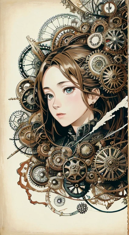 official art, unity 8k wallpaper, Super detailed, beautiful and aesthetic, masterpiece, highest quality, (zentangle, mandala, tangle, entangle), (fractal art:1.3) ,( 1 girl:1.4), very detailed, dynamic angle, cowboy shot, the most beautiful form of chaos, elegant, brutal designer, Bright colors, romanticism, Written by James Jean, robbie dowi antono, Ross Tran, francis bacon, Michael Mraz, Adrian's genius, Petra Cortright, Gerhard Richter, takato yamamoto, ashley wood, in the atmosphere, ecstasy of notes, Streaming notes are displayed,gear,レトロなgearやメカニズムが組み合わさったアンティークなメカニカルアート。Features a steampunk style design、The precision of gears and clocks is depicted.。