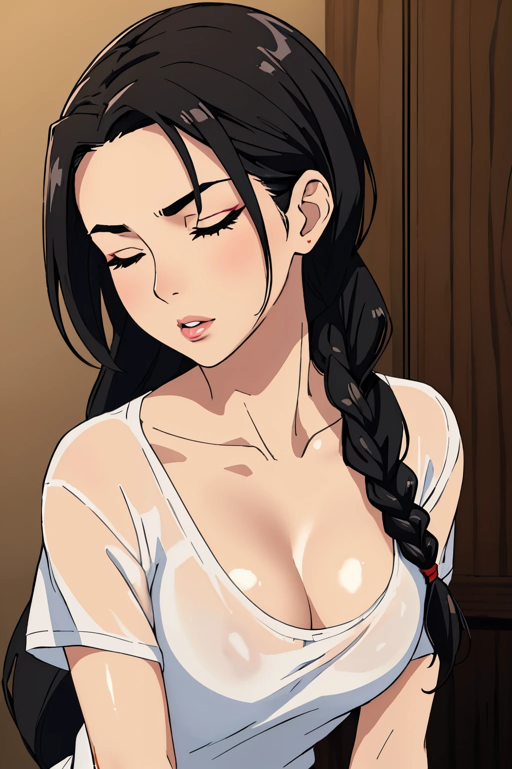 Sexy woman, black braided hair, flawless skin, soft skin, amazing makeup, eyes closed, soft glossy lips parted, ready to kiss, long and beautiful neck, collarbone, white t shirt, medium chest, cleavage