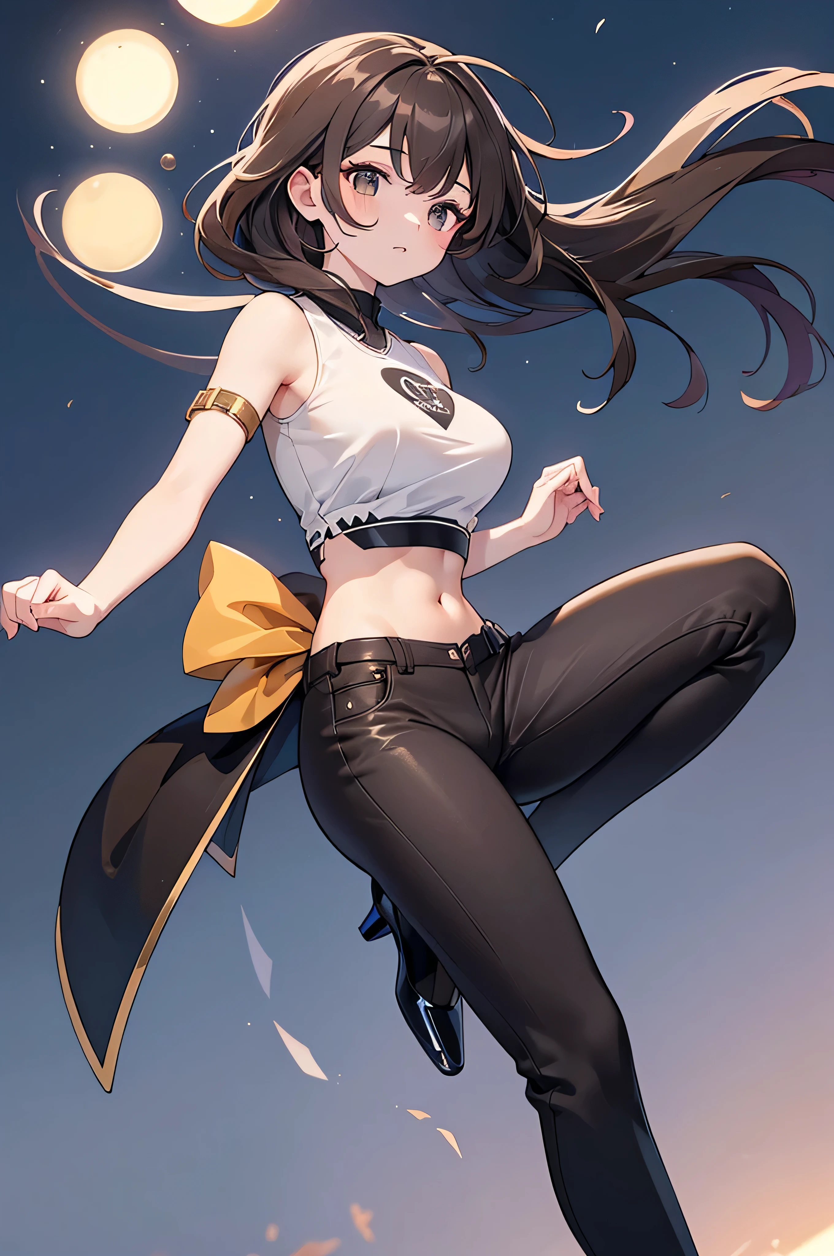 ((Midnight, Best quality, 8k, Masterpiece :1.3)), Whole body, Long legs, Sharp focus :1.2, A pretty woman with perfect figure :1.4, Slender abs :1.1, ((Dark brown hair, Big breasts :1.2)), (Crop top shirt, Low waist pants, Standing:1.2), abs, Highly detailed face and skin texture, Detailed eyes, Double eyelid, high heels, low angle, from below