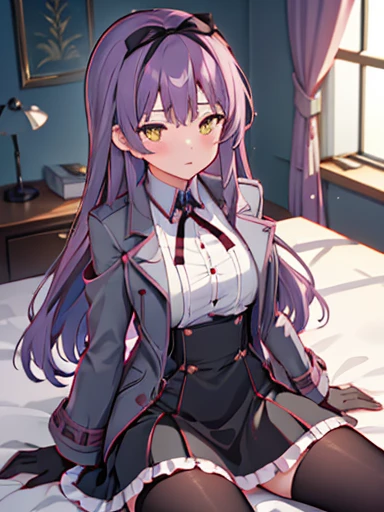 (nsfw),highest quality,inside the bedroom, on the bed, sitting, spread your legs,lift up skirt、flip the skirt、have a skirt, (1 girl), (alone), (beautiful detailed girl), Len Bright, yellow_eye, purple hair, long hair, Broke up_前hair, hair_ribbon, black coat, white shirt, pantyhose, black knee boots, short black skirt, frills, black_gloves, ,, smug, blush、涙eye、glaring