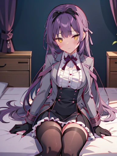 (nsfw),highest quality,inside the bedroom, on the bed, sitting, spread your legs,lift up skirt、flip the skirt、have a skirt, (1 girl), (alone), (beautiful detailed girl), Len Bright, yellow_eye, purple hair, long hair, Broke up_前hair, hair_ribbon, black coat, white shirt, pantyhose, black knee boots, short black skirt, frills, black_gloves, ,, smug, blush、涙eye、glaring
