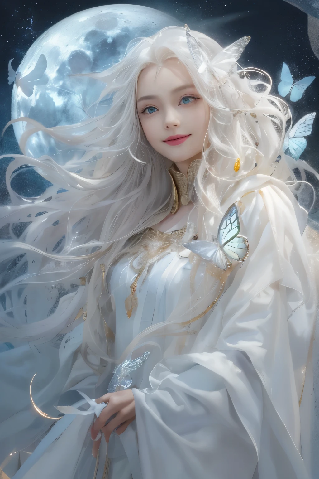 Masterpiece, best quality, ethereal moonlit woman with butterfly features, white color scheme, fair beautiful skin, white flowing hair resembling fluffy clouds, long fuzzy hair, draped in a cloak that looks like butterfly wings, enchanting white light-colored eyes and a shy smile, she is the embodiment of the moon, Layka face