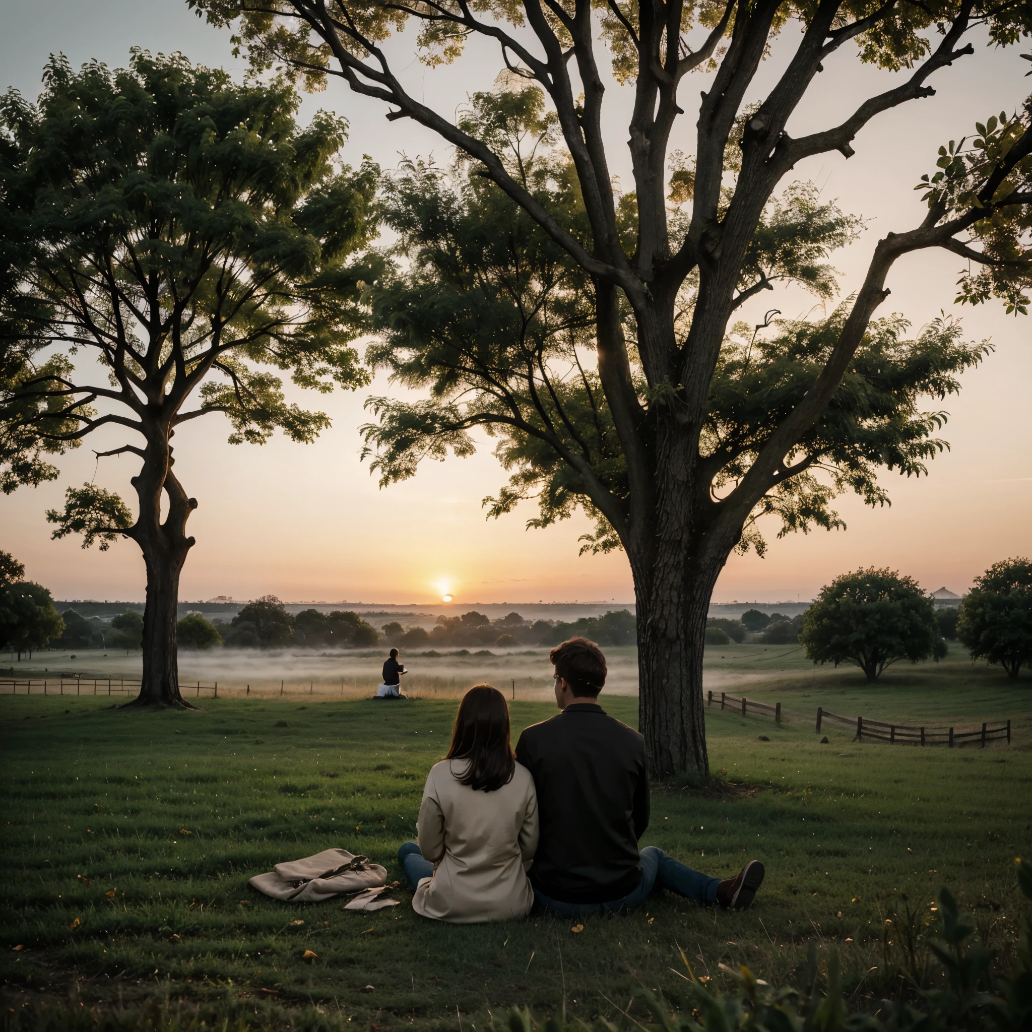 Man and woman, sitting on grass, back, under tree, evening, foggy, atmospheric, sunset, 