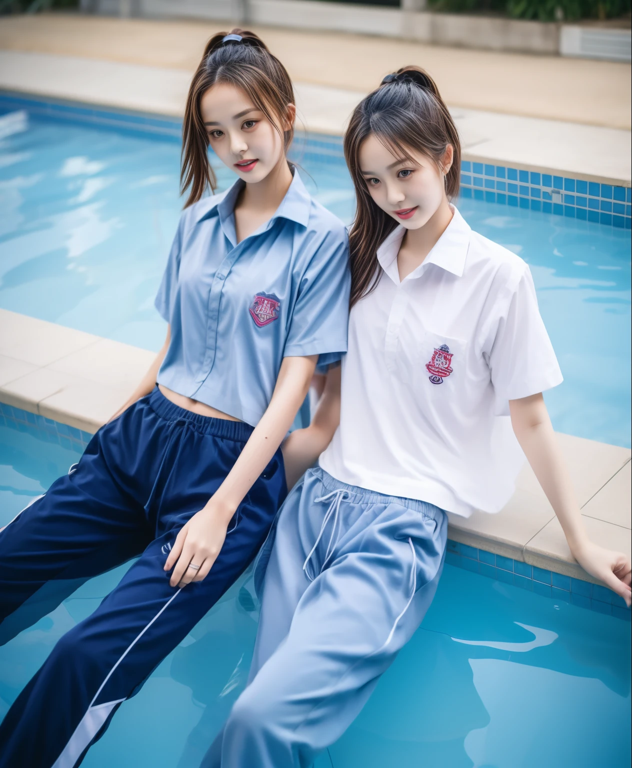 3 girls in the swimming pool, Navy blue short-sleeved shirt,Navy Long Trackpant,Sweatpants, Sweatpantsขายาว,25 year old girl, lesbian, sexy, exercise clothes, wet body, exercise clothes