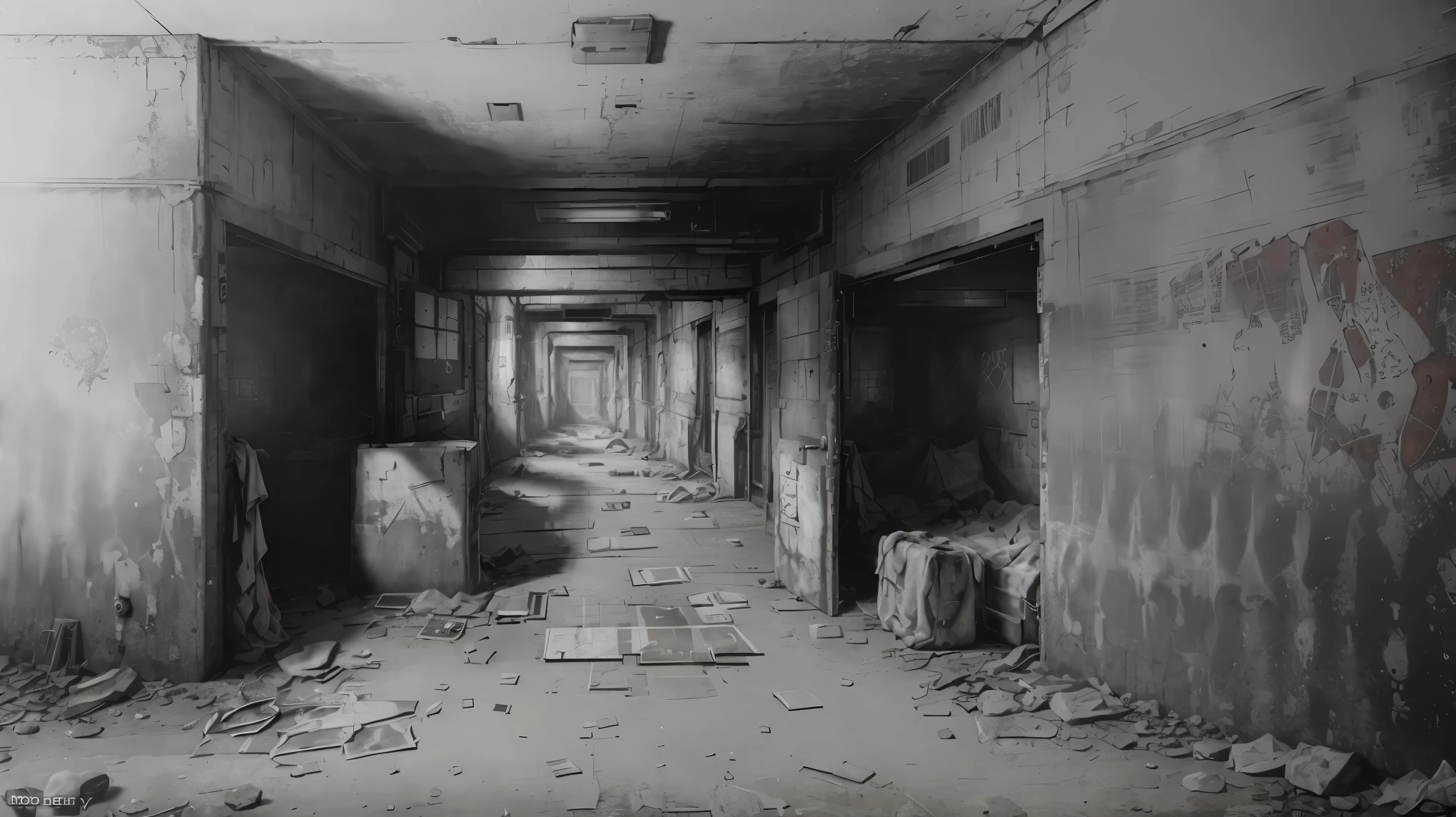 A creepy hospital with walls covered in graffiti, simple doors to hospital rooms tightly closed, leaving stains and scattered rubbish on the floor, moody atmosphere, occasionally you can hear the distant sound of mournful crying or see the emotional tears of the patients; the artwork is in high definition with superb quality, photorealistic painting by midjourney or Greg Rutkowski,