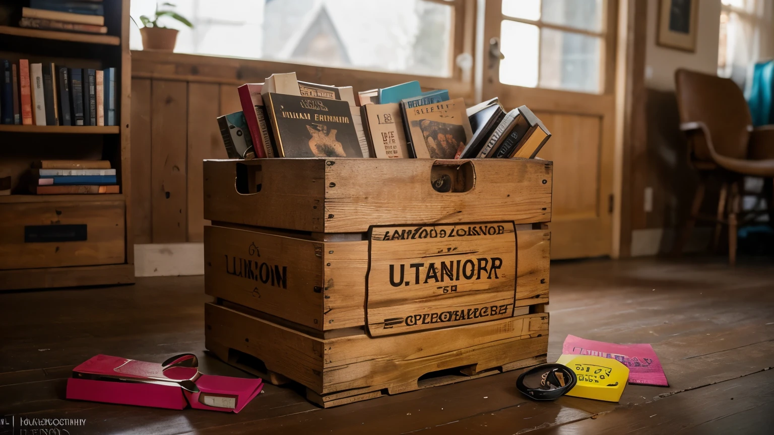 hyper ultra realistic photographs full body of Envision a reclaimed wooden crate, its panels adorned with floral stencils in bold reds, pinks, and yellows. The crate holds a collection of vintage books, teacups, or other treasures, adding a touch of nostalgic charm to the scene. ratio 16:9, 4k, 8k resolution, High quality photo, high detailed, imagesharp focus, Cinematic lighting,hyperdetailed & Unreal engine, detail, realism, photography,cinematography, camera NIKON, lens NIKKOR flagship, masterpiece. hyper-maximalism, ultradetailed photorealistic, light skin imperfections, final render, vray, photo, fashion