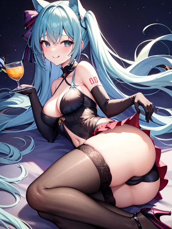 A cup、slender、small breasts、Hatsune Miku、blue hair、plump thighs、black pantyhose、Sukesuke costume、Clothes that reveal the back、No sleeve、black glove、tongue out、My chest is exposed、She bends over and sticks out her ass to the limit.、butt is right in front of you、The eyes are on the viewer、high heels、unusually short skirt、There are see-through panties under the pantyhose.　、Composition from the back、Bite into costumes、crawl on all fours、relaxed smile、Crawling、flank exposed、sexy pose、bare ass、ecstatic expression、Toro face、erotic expression、blush、Voluptuous ass、Plump smooth thighs、Bewitching atmosphere、The butt is in front of the viewer、sexy lingerie、Lace pattern clothing、Skewed costumes、provocative look、The nape of the neck is fully visible、Navel exposed