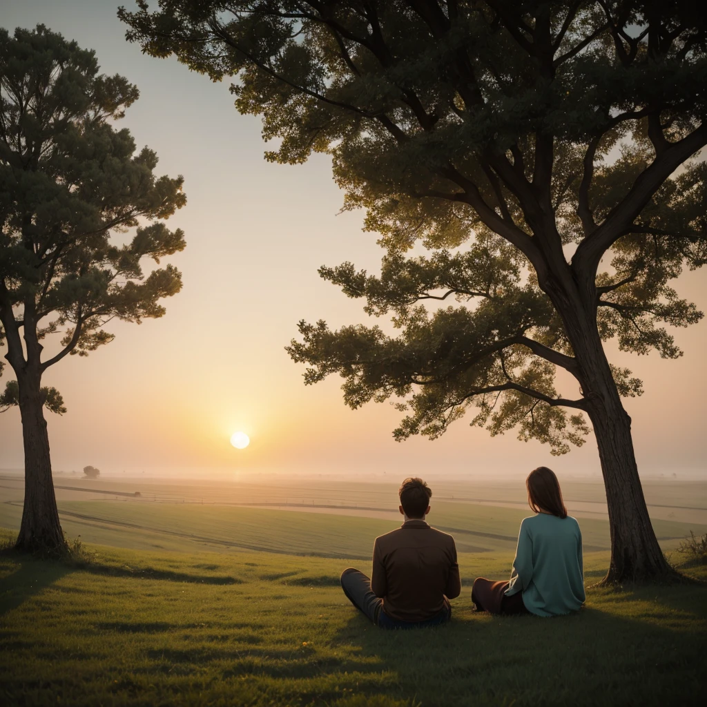 Man and woman, sitting on grass, back, under tree, evening, foggy, atmospheric, sunset,