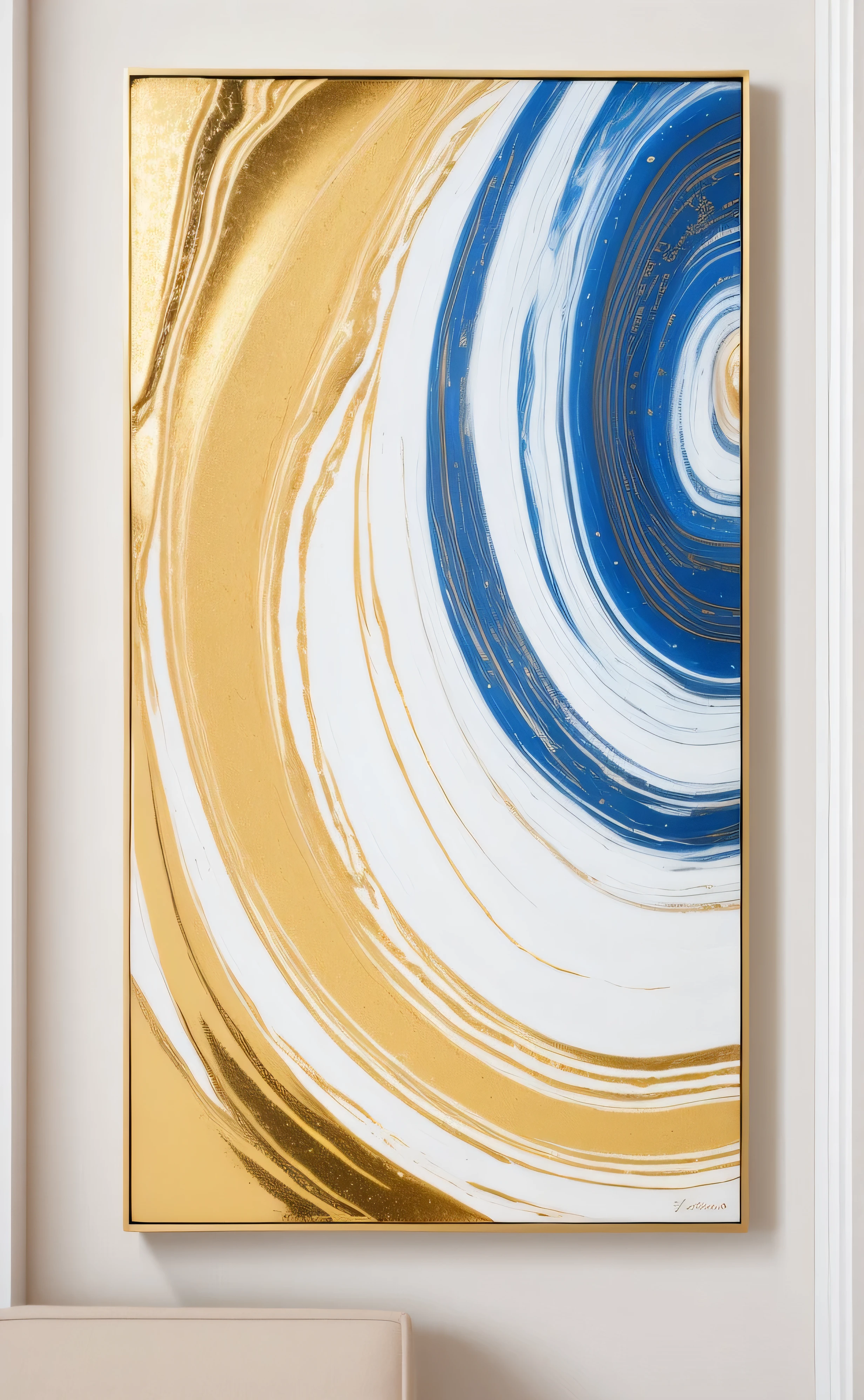 a large blue and gold painting on a wall above a chair, elegant and refined painting, gold leaf painting, glossy painting, intricate flowing paint, abstract liquid acrylic art, gold and indigo, marble and hint gold, a detailed painting, marble and gold, delicate detailing golden stroke, organic acrylic flow art, ultrafine detailed painting, gold and blue