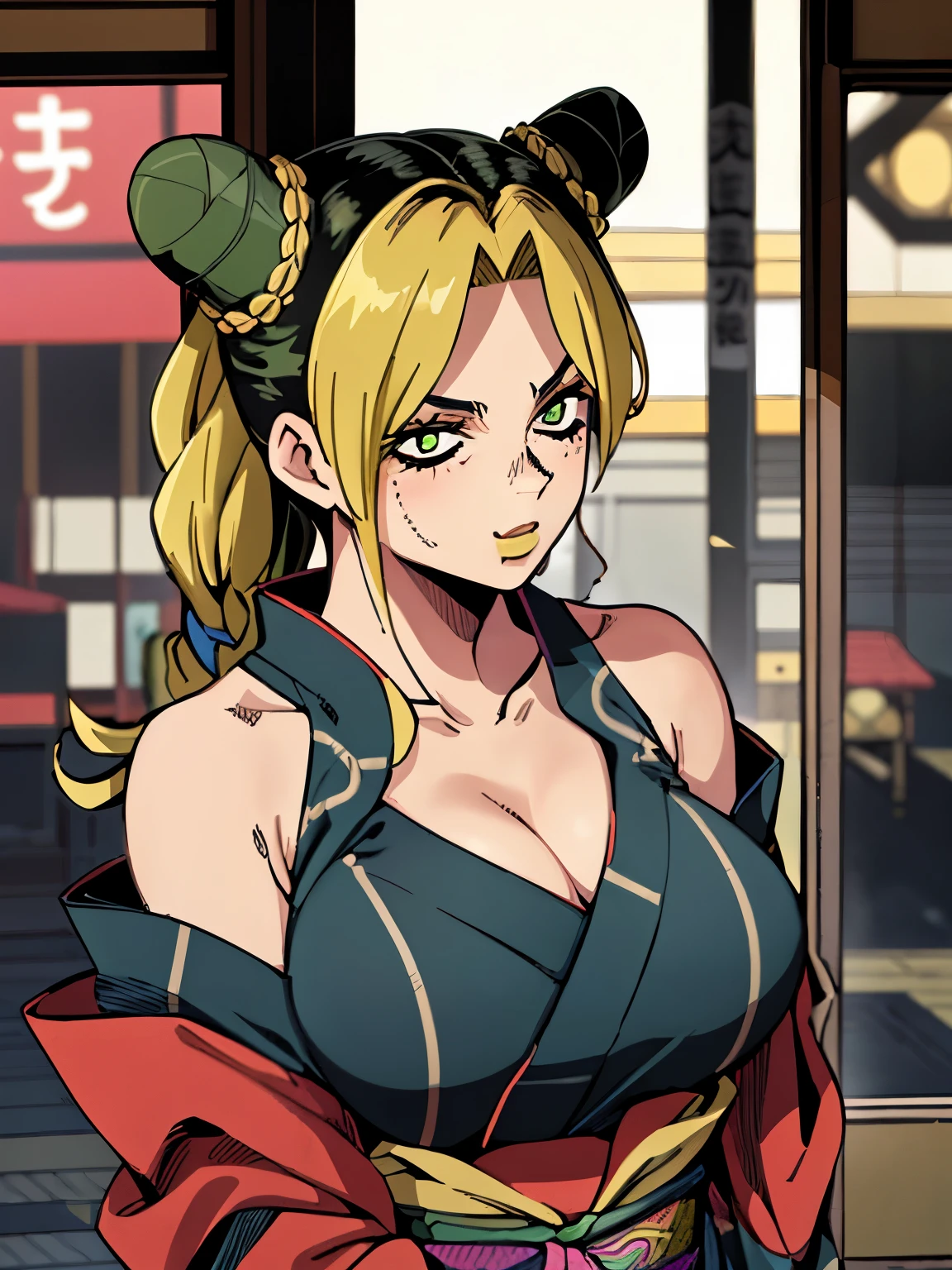 Chica de ojos grandes, ((kimono)), big breasts, (2d line:1.3), jolyne  ((alone)) ((only)) ((neckline)) sexy 