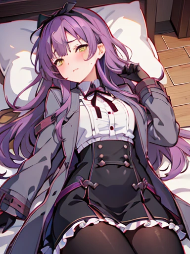 nsfw,Sleep in bed、lie down、On your back、open your legs、vaginal _A lot、blush、涙eye、Crying face、resistance、glaring,(1 girl), (beautiful detailed girl), Len Bright, yellow_eye, purple hair, long hair, Broke up_前hair, hair_ribbon, black coat, white shirt, pantyhose, black knee boots, short black skirt, frills, black_gloves, ,, smug