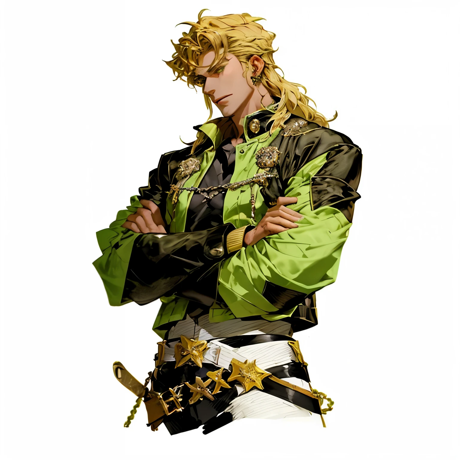 blonde，green eyes，male，handsome guy，Western fantasy costumes，Noble boy，cool，Handsome expression，medium long hair，1 boy,beautiful, masterpiece, best quality,  upper body, male focus, earrings, artist name, profile, chain, gakuran, stud earrings, front view,Noble costumes，
