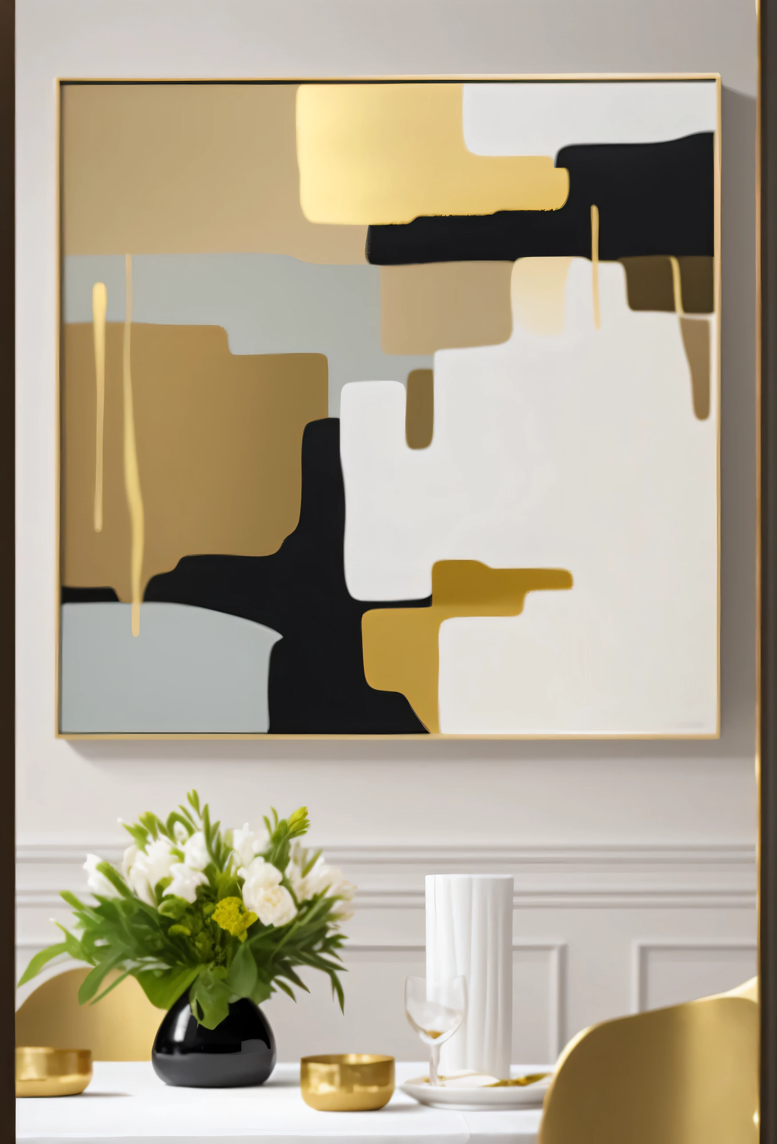 there is a painting on the wall above a table with a vase of flowers, modern art style, artistic interpretation, contemporary art style, gold leaf painting, lacquer on canvas, elegant and refined painting, stylistic painting, clean elegant painting, delicate detailing golden stroke, gold framed, abstract realism, contemporary painting, highly abstract, detailed abstract, black and gold rich color