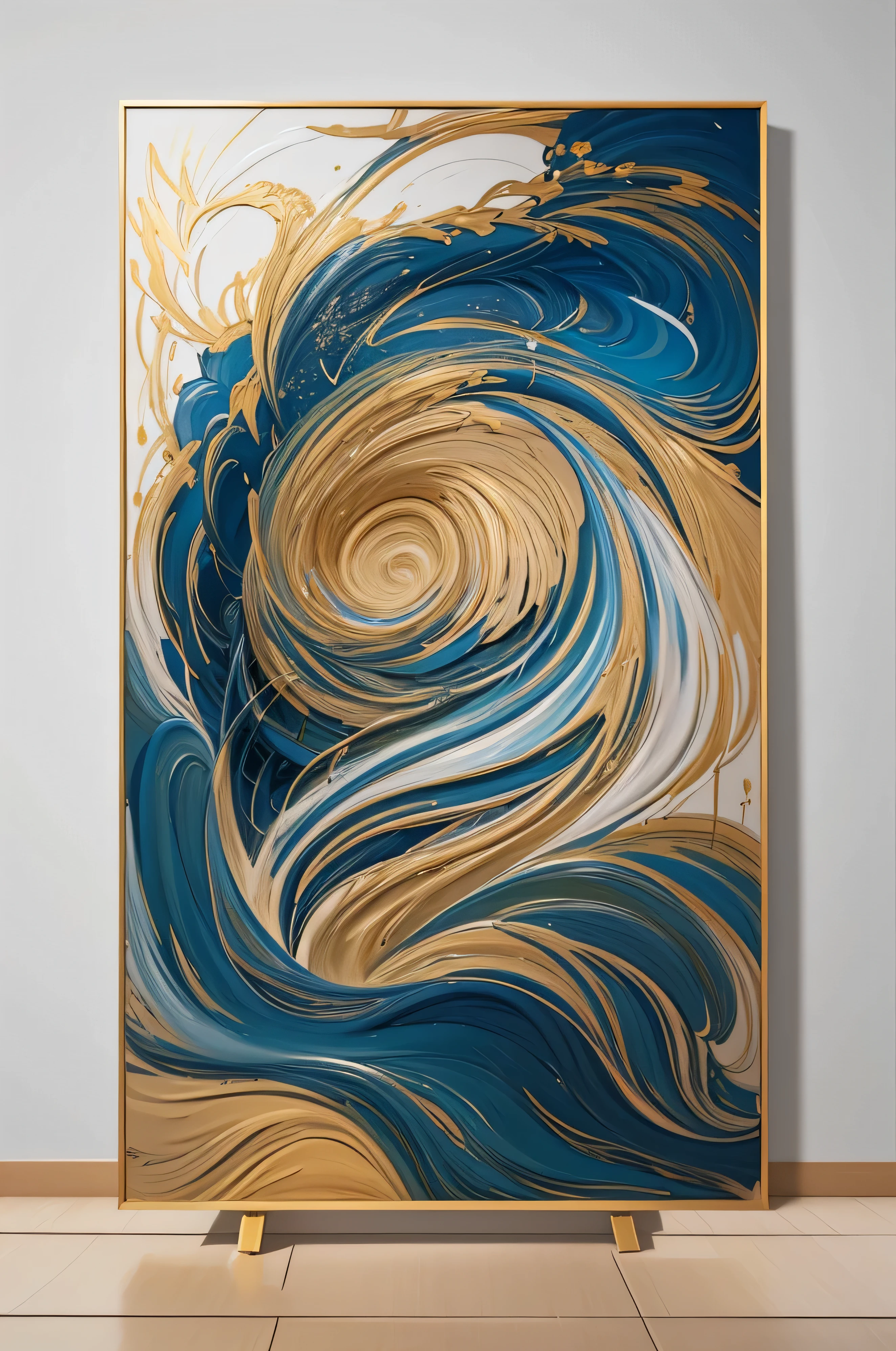 a close up of a painting on a wall with a painting of a wave, flowing lines, intricate flowing paint, elegant and refined painting, stunning lines, abstract painting. 8k, ultrafine detailed painting, glossy painting, organic acrylic flow art, intricate organic painting, 8 k hd detailed oil painting, fine swirling lines, delicate detailing golden stroke