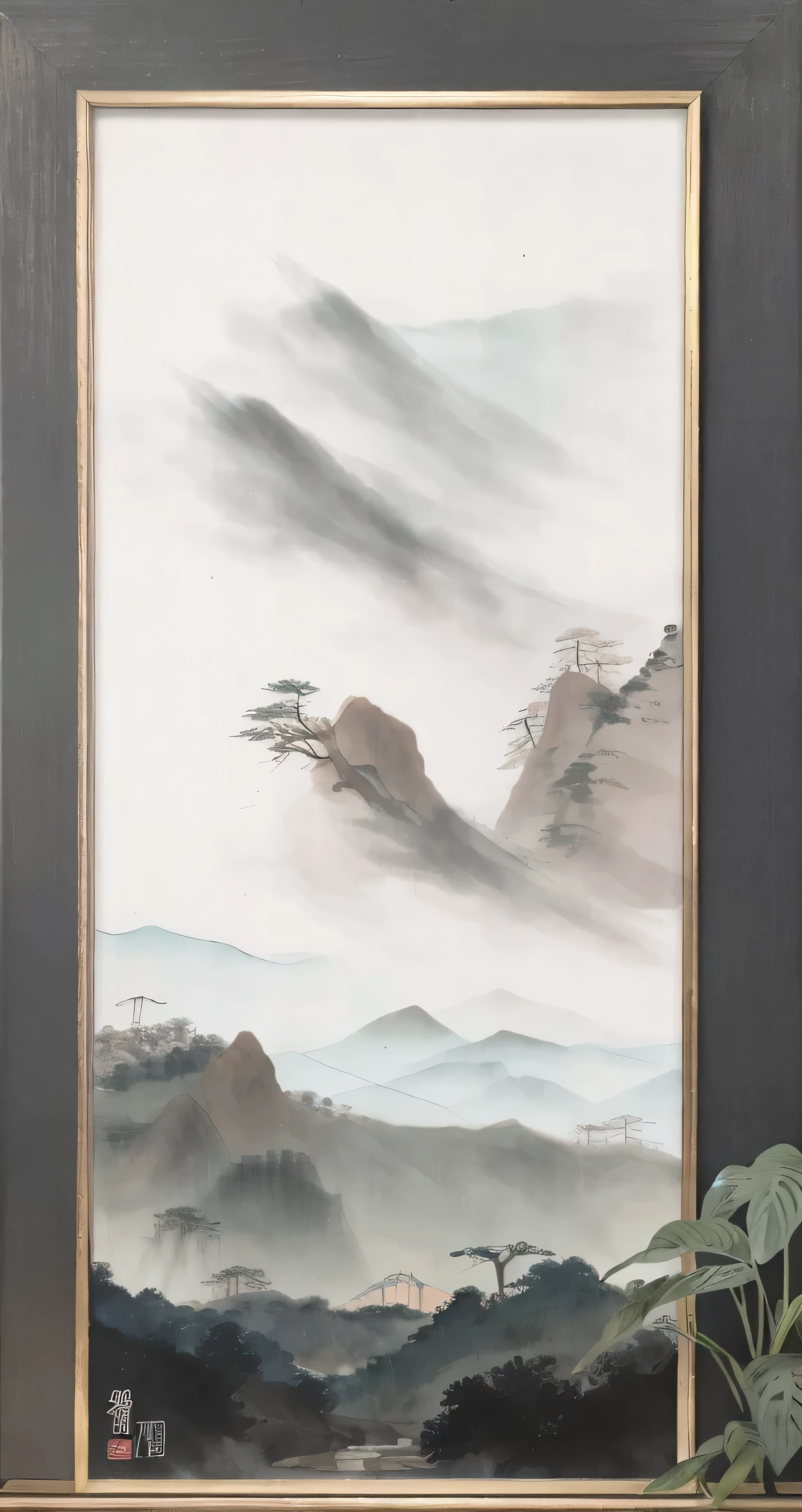 a framed picture of a painting of mountains and trees, scenery artwork, chinese painting style, inspired by Xiao Yuncong, chinese watercolor style, chinese style painting, modern european ink painting, inspired by Dong Qichang, floating mountains, chinese landscape, japanese art style, japanese style painting, artwork in the style of z.w. gu, chinese ink painting