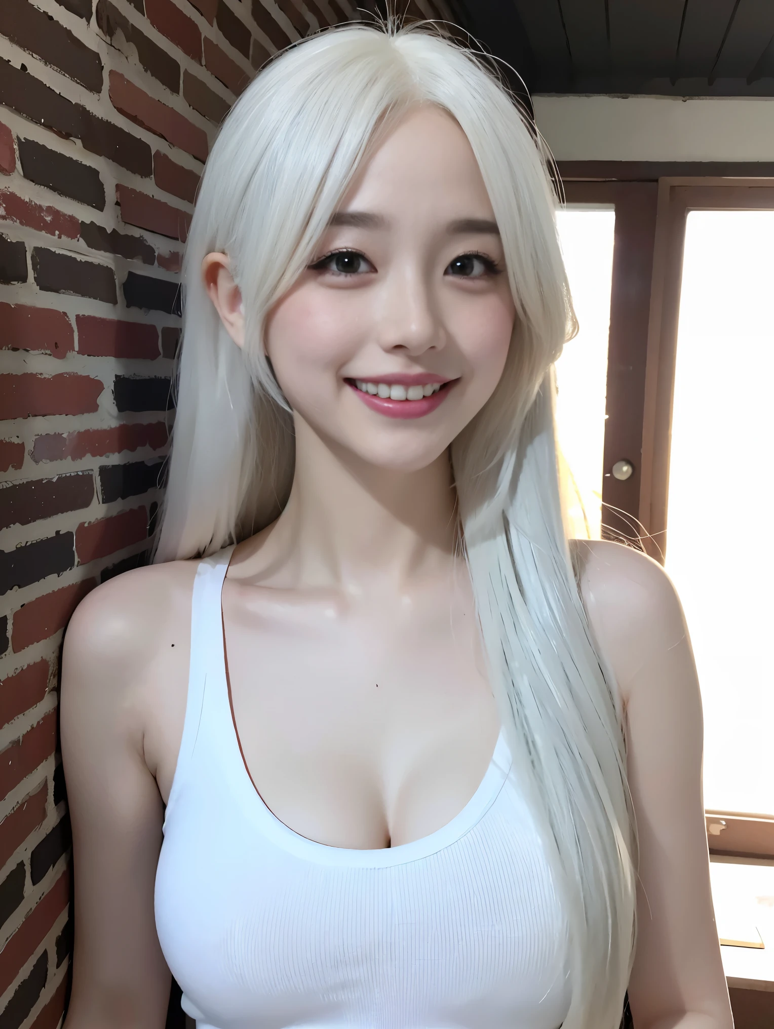 realistic, High resolution, 1 female, glowing skin, alone, wide lips,long hair,wavy hair, hip up,saggy breasts,small face,Anime character cosplay,Cosplayers,Brick Wall,background white,white hair,Color Contacts,workman,Tank top,Sweat pants,sneakers,smile,white teeth,