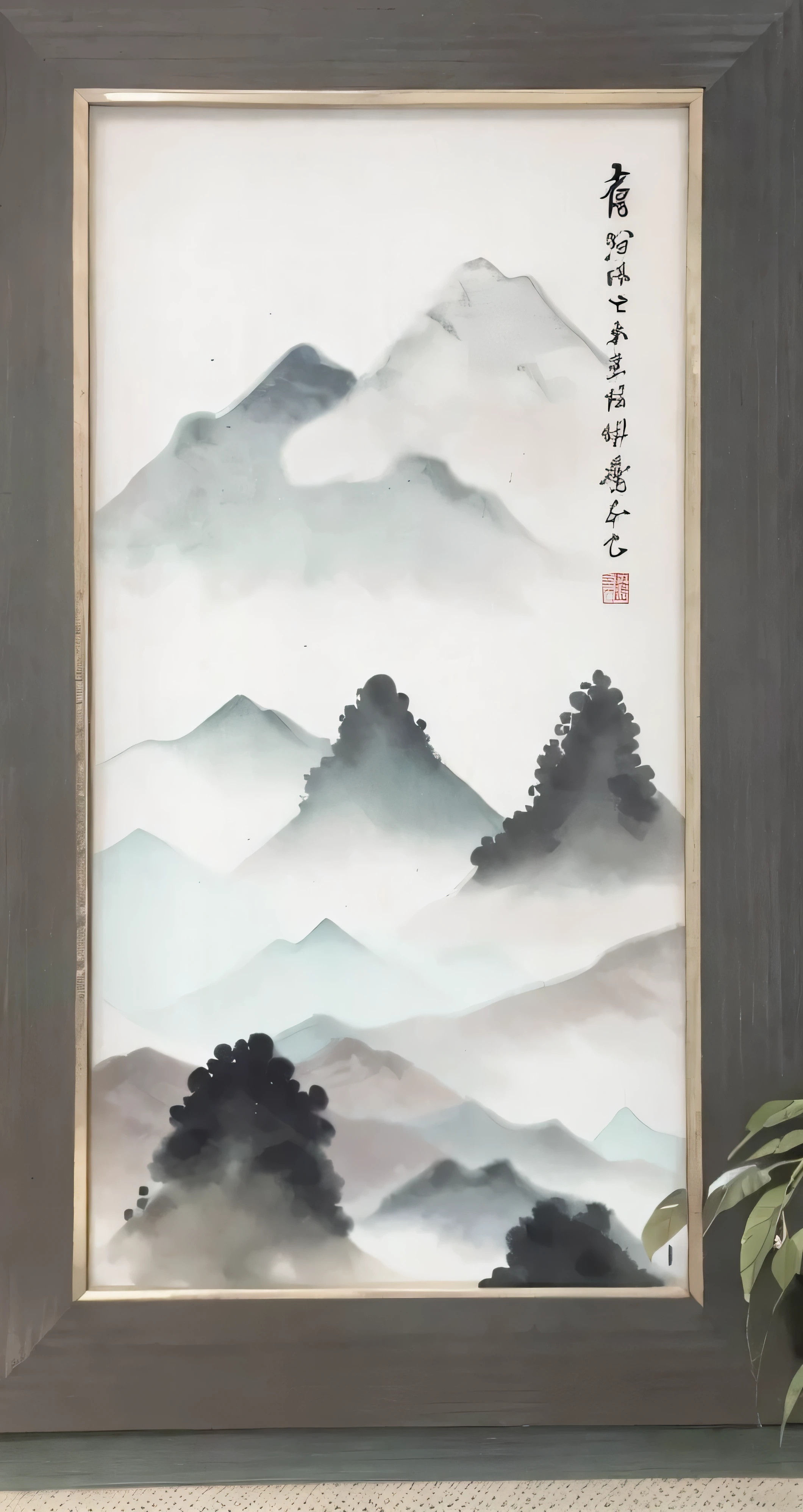 a framed picture of a painting of mountains and trees, scenery artwork, chinese painting style, inspired by Xiao Yuncong, chinese watercolor style, chinese style painting, modern european ink painting, inspired by Dong Qichang, floating mountains, chinese landscape, japanese art style, japanese style painting, artwork in the style of z.w. gu, chinese ink painting