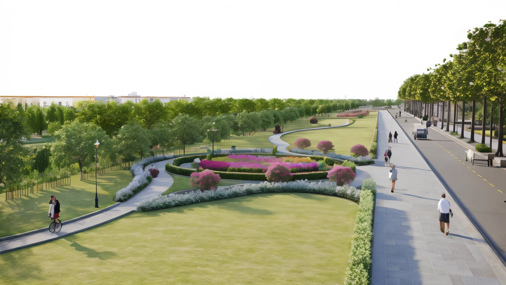 there are many people walking and biking on the sidewalk near a park, royal garden landscape, parks and gardens, city park with flowers, landscape architecture photo, detailed rendering, gardens and fountains, the empress’ swirling gardens, highly detailed render, digital rendering, formal gardens, detailed scenic view, artist impression, rendering, realistic garden, fully detailed render, park in background, Green lawn interwoven with fallen leaves, realistic style.