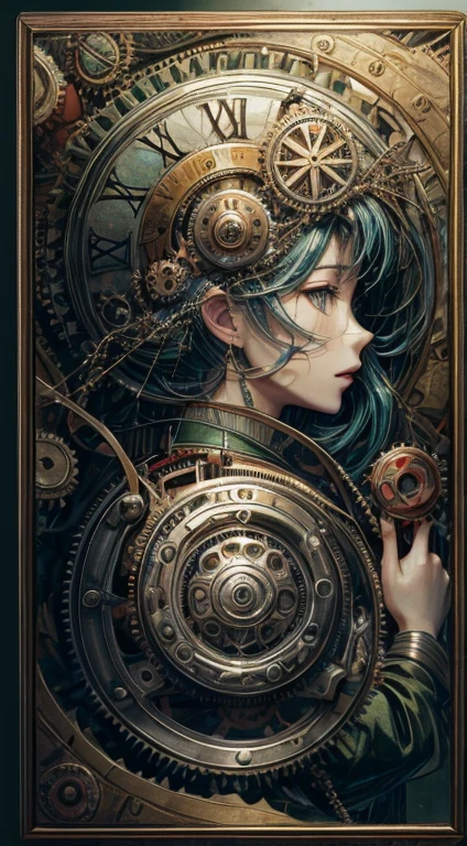 official art, unity 8k wallpaper, Super detailed, beautiful and aesthetic, masterpiece, highest quality, (zentangle, mandala, tangle, entangle), (fractal art:1.3) ,( 1 girl:1.4), very detailed, dynamic angle, cowboy shot, the most beautiful form of chaos, elegant, brutal designer, Bright colors, romanticism, Written by James Jean, robbie dowi antono, Ross Tran, francis bacon, Michael Mraz, Adrian's genius, Petra Cortright, Gerhard Richter, takato yamamoto, ashley wood, in the atmosphere, ecstasy of notes, Streaming notes are displayed,gear,レトロなgearやメカニズムが組み合わさったアンティークなメカニカルアート。Features a steampunk style design、The precision of gears and clocks is depicted.。