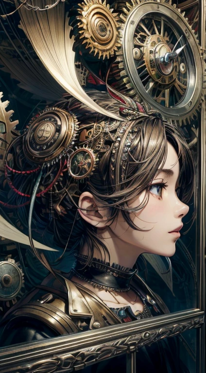 official art, unity 8k wallpaper, Super detailed, beautiful and aesthetic, masterpiece, highest quality, (zentangle, mandala, tangle, entangle), (fractal art:1.3) ,( 1 girl:1.4), very detailed, dynamic angle, cowboy shot, the most beautiful form of chaos, elegant, brutal designer, Bright colors, romanticism, Written by James Jean, robbie dowi antono, Ross Tran, francis bacon, Michael Mraz, Adrian's genius, Petra Cortright, Gerhard Richter, takato yamamoto, ashley wood, in the atmosphere, ecstasy of notes, Streaming notes are displayed,gear,レトロなgearやメカニズムが組み合わさったアンティークなメカニカルアート。Features a steampunk style design、The precision of gears and clocks is depicted.。