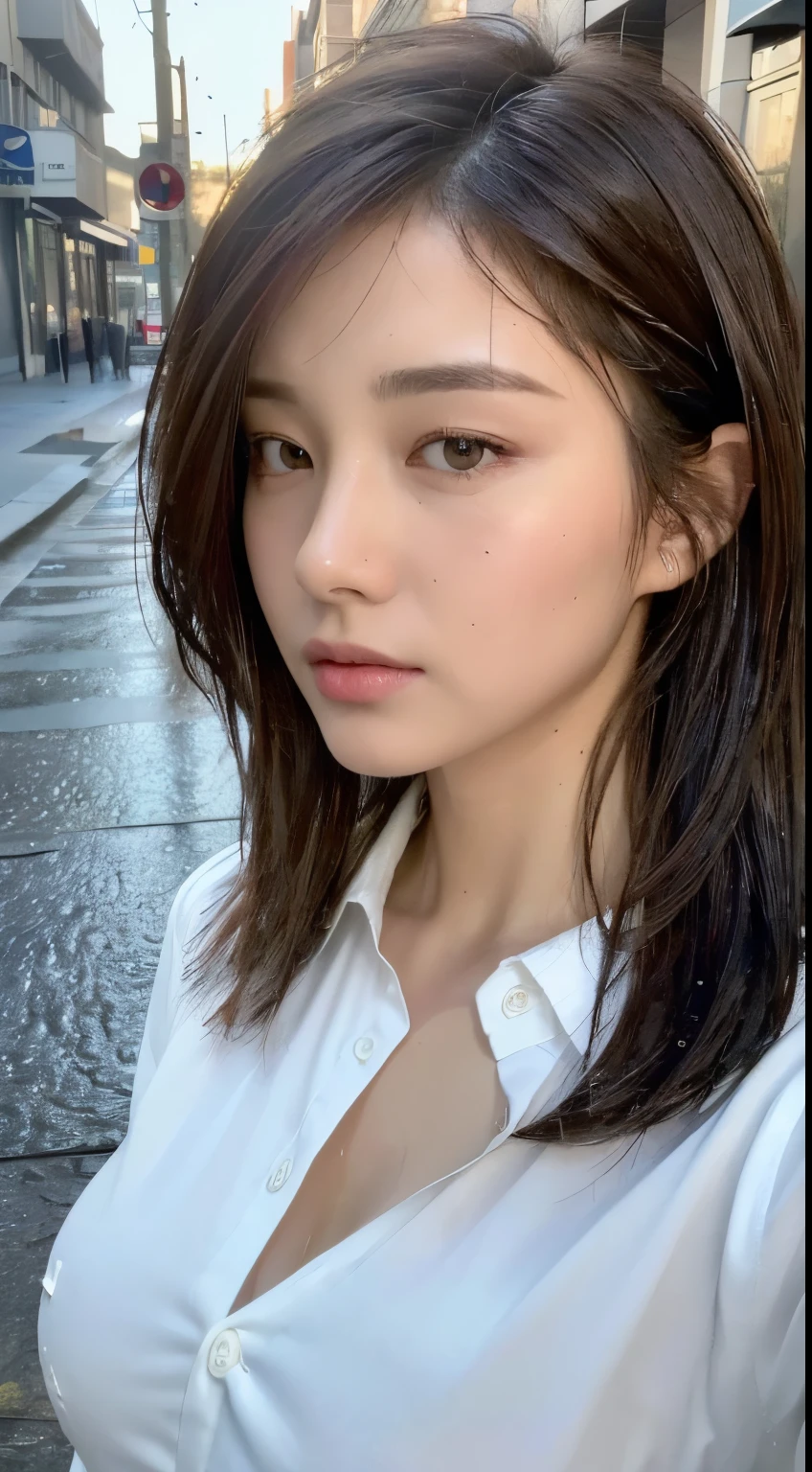 ((Best Quality, 8K, Masterpiece: 1.3)), Sharp: 1.2, Perfect Body Beauty: 1.4, Slim Abs: 1.2, ((Layered Hairstyle, Big Breasts: 1.2)), (Wet White Button Long Shirt: 1.1), (Rain, Street: 1.2), Wet: 1.5, Highly detailed face and skin texture, detailed eyes, double eyelids, side face looking at the camera