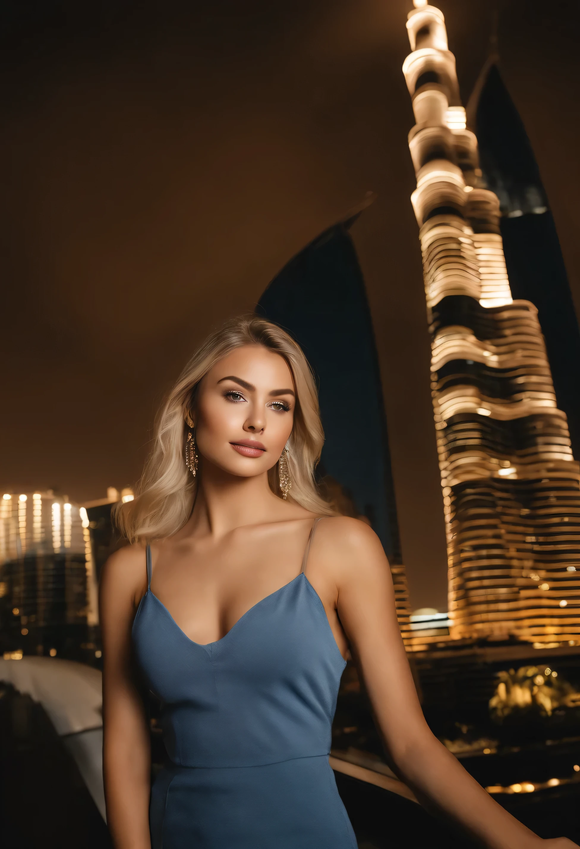 Blonde woman posing in a burj khalifa with matching tank top and skirt, Sexy girl with blue eyes, portrait sophie mudd, blur backgroun, Best quality, 1girll, Portrait of Corinna Kopf, blonde hair and large eyes, selfie of a young woman, Orn makeup, natural makeup, Look directly into the camera, face with artgram, Decentus makeup, Great full body photo, Being in the room, Large of breast, Blonde, latina