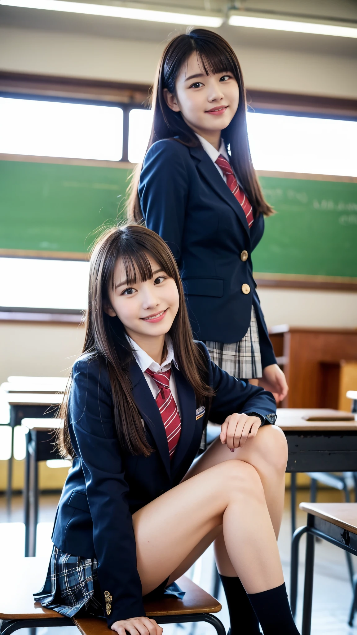 Girl Standing In School Classroom,Red Tie Uniform,Dark Blue Closed Blazer,Blue plaid skirt,18-year-old,bangs,a little smile,thighs,knees,from below,random pose,pretty girl,