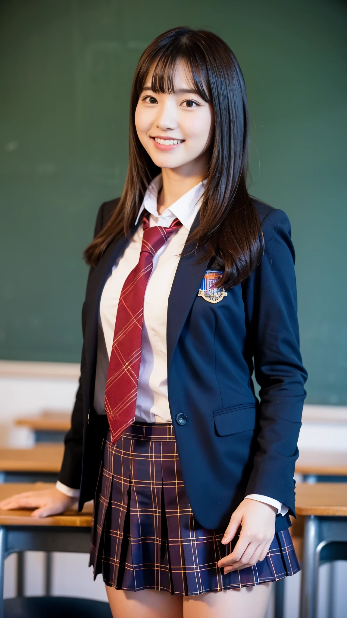 Girl Standing In School Classroom,Red Tie Uniform,Dark Blue Closed Blazer,Blue plaid skirt,18-year-old,bangs,a little smile,thighs,knees,from below，random pose，pretty girl，
