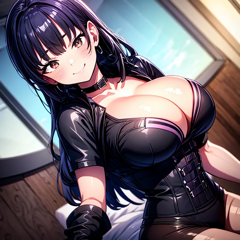 8k, highres, ultra detailed, (masterpiece:1.4), best quality, symmetrical body, (black corset and latex thong1.4), choker, cute, solo, earrings, long hair, dark purple hair, Brown eyes, glow effect, finely eye, grinning, wide smile, detailed face, looking at viewer, smilling at viewer, bedroom, in the bed, angled view, big breasts, teasing, seductive look