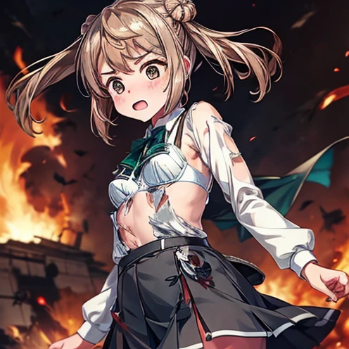 torn cloth, bra, torn skirt, {{love live!}},{{masterpiece}}, {highly detailed}, ,(masterpiece, best quality:1.2), upper body, MichishioKC, {{from below}}, angry, shouting, school uniform, pinafore dress, green ribbon, looking at viewer, small breast, long sleeve,Michishio_KC,fire on background, on the sea