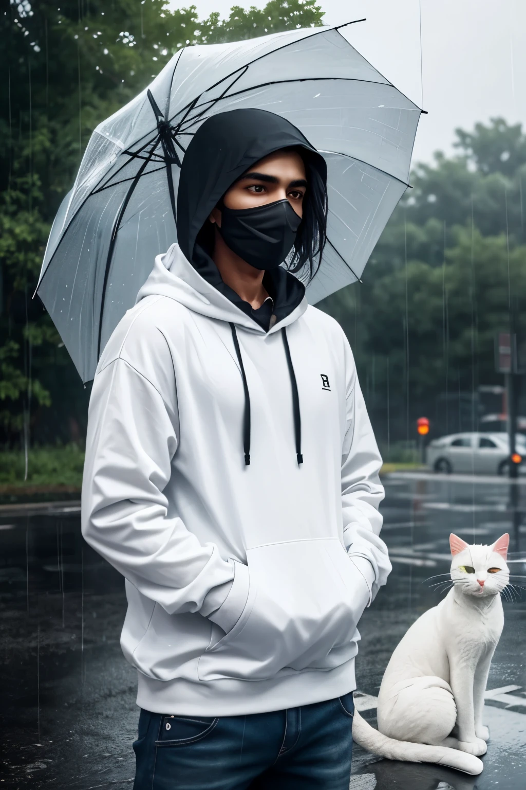 realistic indian 20 Year old cute boy on the road with an umbrella and a black mask on, wearing a white hoodie with name “SAMIM” write on it, after rain and no Boys, beautiful lonely boy, with Cute white Cat, rainy mood, realistic picture, pretty girl standing in the rain, emotional picture,profile pic, rainy weather, beautiful realistic photo, ultra realistic picture, rainy day, very beautiful photo, hyperealistic photo, it is raining