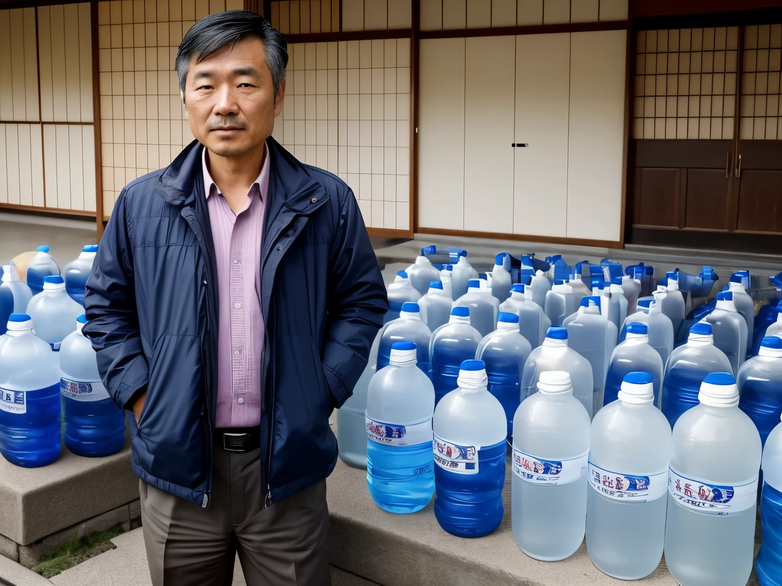 A Japanese man of about 40 years old stockpiling water. He has an ample stockpile of drinking water in case of a disaster. He stores water in clean containers.