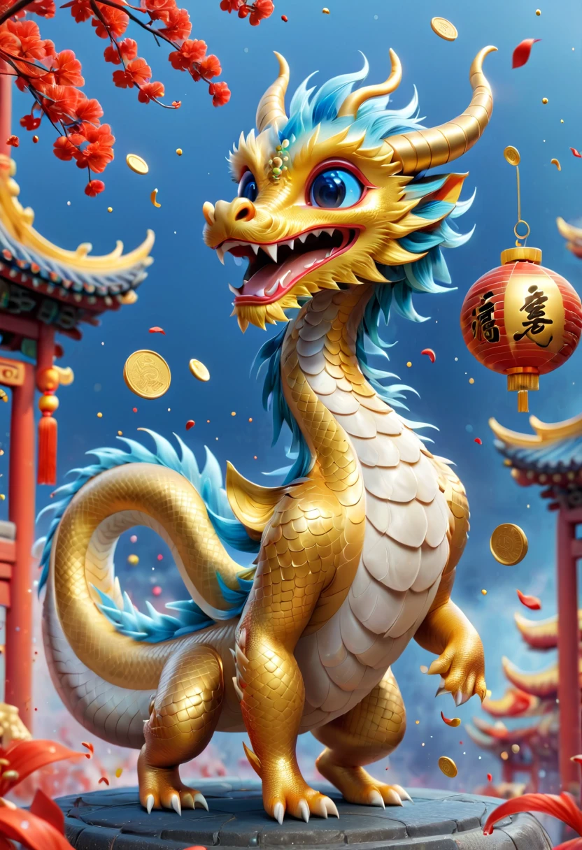 Chinese Lunar New Year has arrived, oriental dragon,hairy body,big furry head,blue,Cute pet,Lively,interesting。Many gold coins burst out from firecrackers,Red and gold confetti flying in the sky,Gold coin rain,A strong festive atmosphere,It was very lively。
