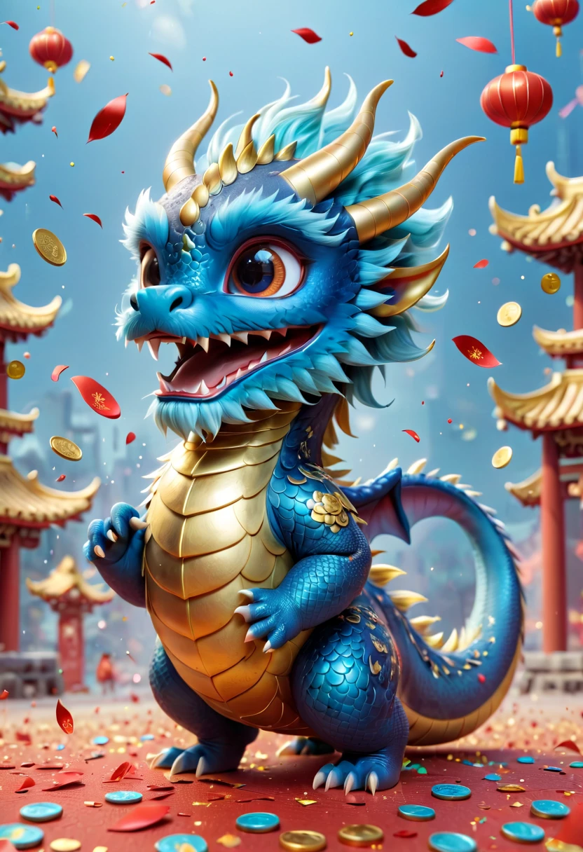 Chinese Lunar New Year has arrived，baby oriental dragon，hairy body，big furry head，blue，Cute pet，Lively,interesting。Many gold coins burst out from firecrackers，Red and gold confetti flying in the sky，Gold coin rain，A strong festive atmosphere，It was very lively。