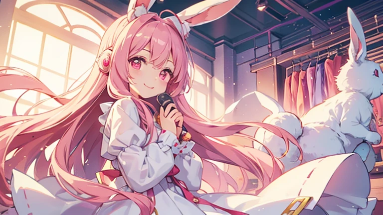 beautiful illustrations, highest quality, pretty girl, fluffy rabbit ears, , pink long hair, rabbit stuffed, bright lighting, pale pink eyes,smile,white clothes,Listen to the music