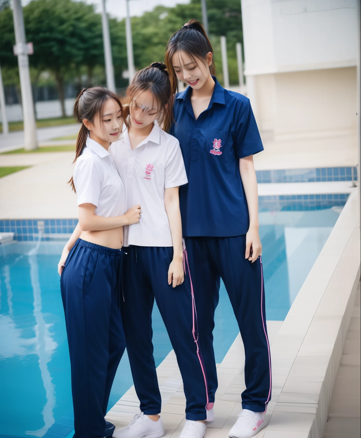 3 girls in the swimming pool, Navy blue short-sleeved shirt,Navy Long Trackpant,Sweatpants, Sweatpantsขายาว,25 year old girl, lesbian, sexy, exercise clothes, wet body, exercise clothes