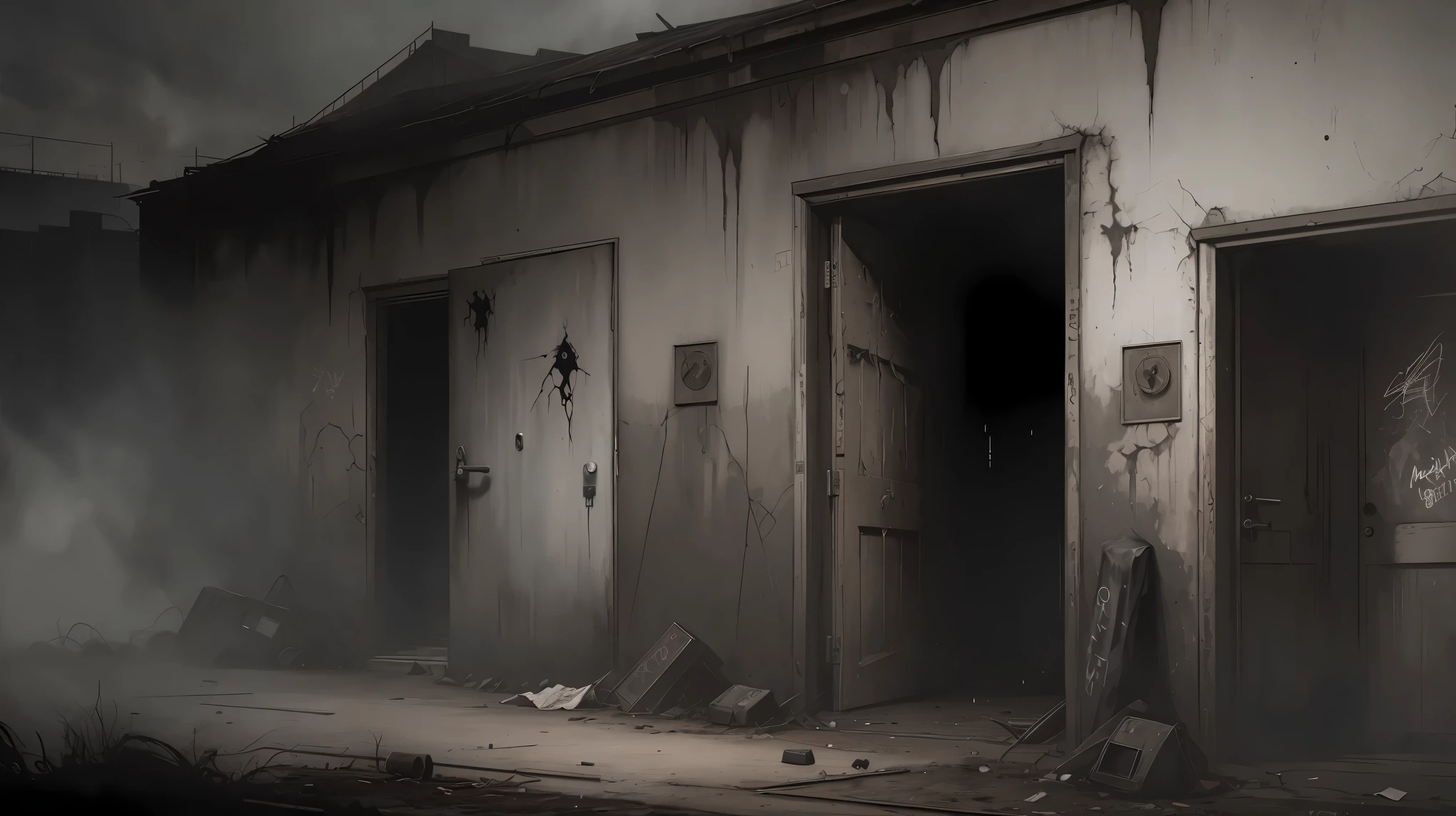 A creepy hospital with walls covered in graffiti, simple doors to hospital rooms tightly closed, leaving stains and scattered rubbish on the floor, moody atmosphere, occasionally you can hear the distant sound of mournful crying or see the emotional tears of the patients; the artwork is in high definition with superb quality, photorealistic painting by midjourney or Greg Rutkowski,