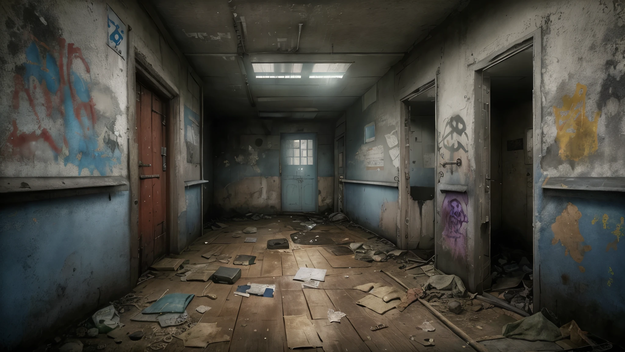 A creepy hospital with walls covered in graffiti, simple doors to hospital rooms tightly closed, leaving stains and scattered rubbish on the floor, moody atmosphere, occasionally you can hear the distant sound of mournful crying or see the emotional tears of the patients; the artwork is in high definition with superb quality, photorealistic painting by midjourney or Greg Rutkowski,