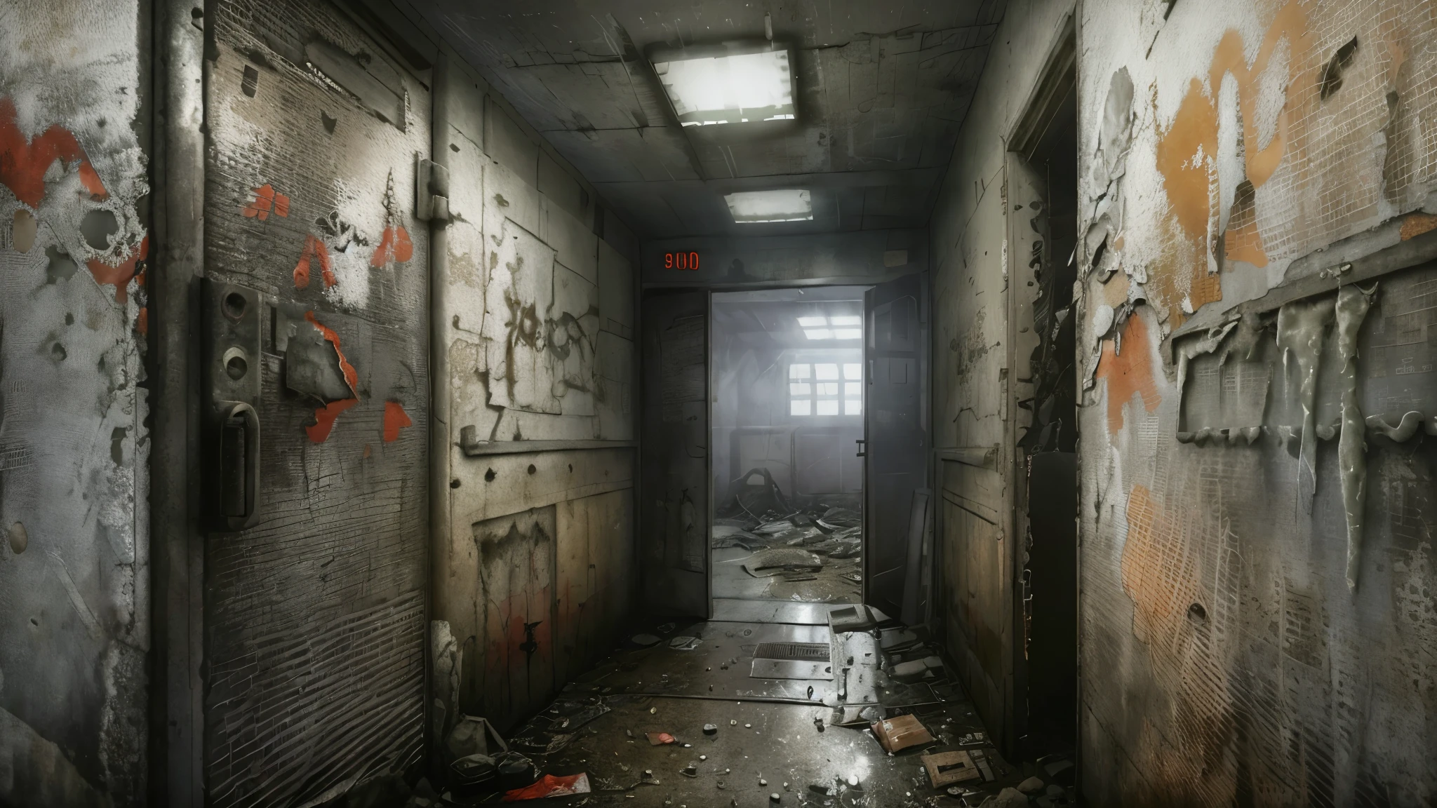 A creepy hospital with walls covered in graffiti, simple doors to hospital rooms tightly closed, leaving stains and scattered rubbish on the floor, moody atmosphere, occasionally you can hear the distant sound of mournful crying or see the emotional tears of the patients; the artwork is in high definition with superb quality, photorealistic painting by midjourney or Greg Rutkowski,