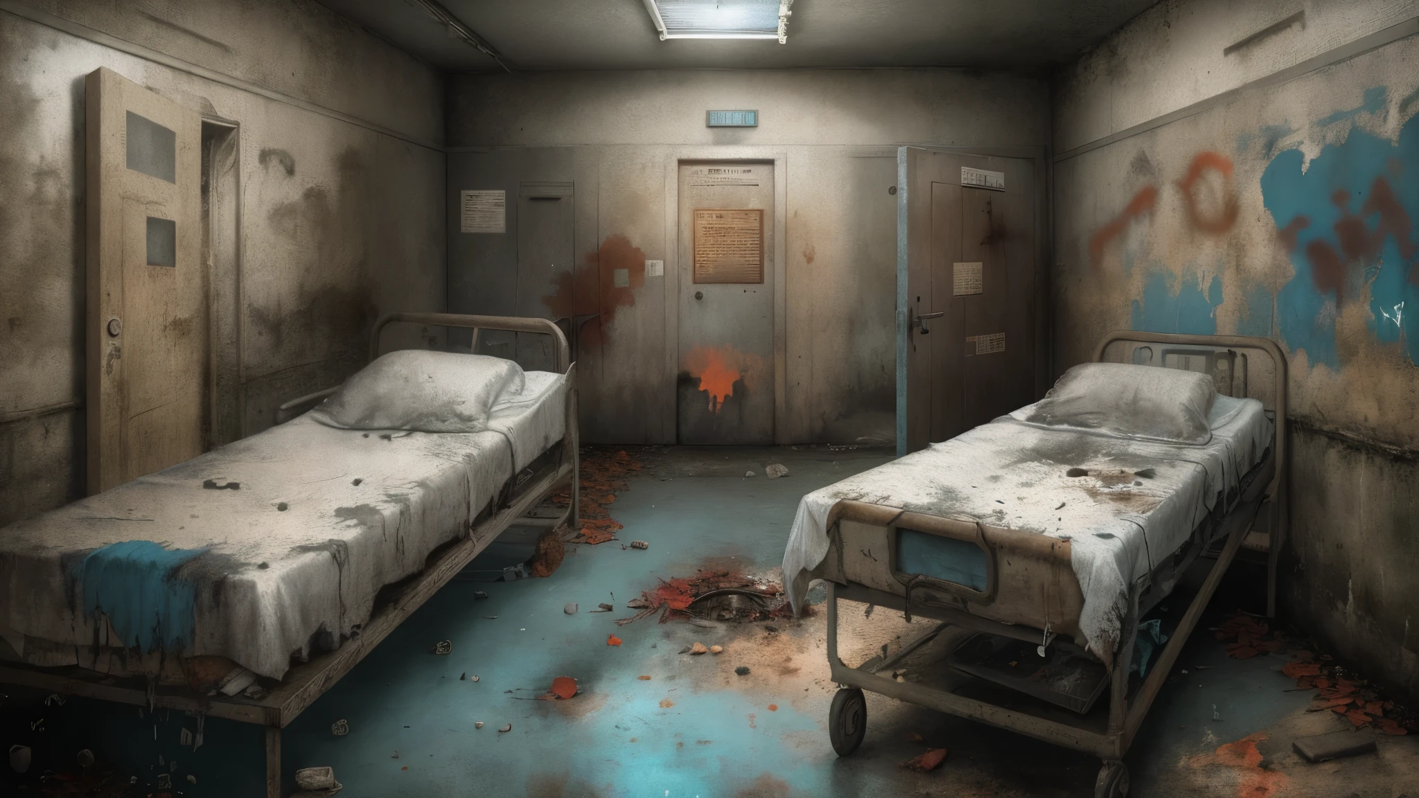 A creepy hospital with walls covered in graffiti, simple doors to hospital rooms tightly closed, leaving stains and scattered rubbish on the floor, moody atmosphere, occasionally you can hear the distant sound of mournful crying or see the emotional tears of the patients; the artwork is in high definition with superb quality, photorealistic painting by midjourney or Greg Rutkowski,