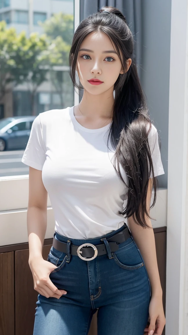 1girl, solo, long_hair, breasts, blue_eyes, large_breasts, shirt, black_hair, hair_ornament, jewelry, closed_mouth, upper_body, ponytail, short_sleeves, belt, pants, black_shirt, window, denim, curtains, jeans, shirt_tucked_in, white_belt