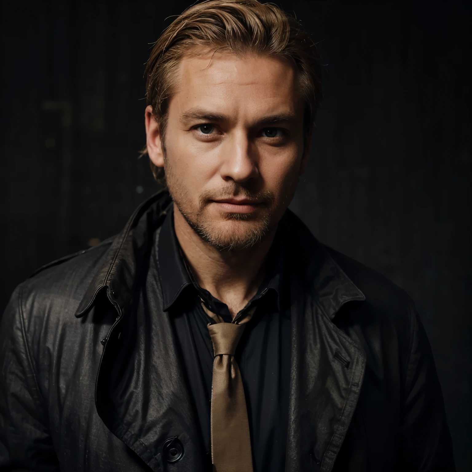 A man, ear length dirty blonde hair, stubble beard, 51 years old, black suit, black trench coat, winter background