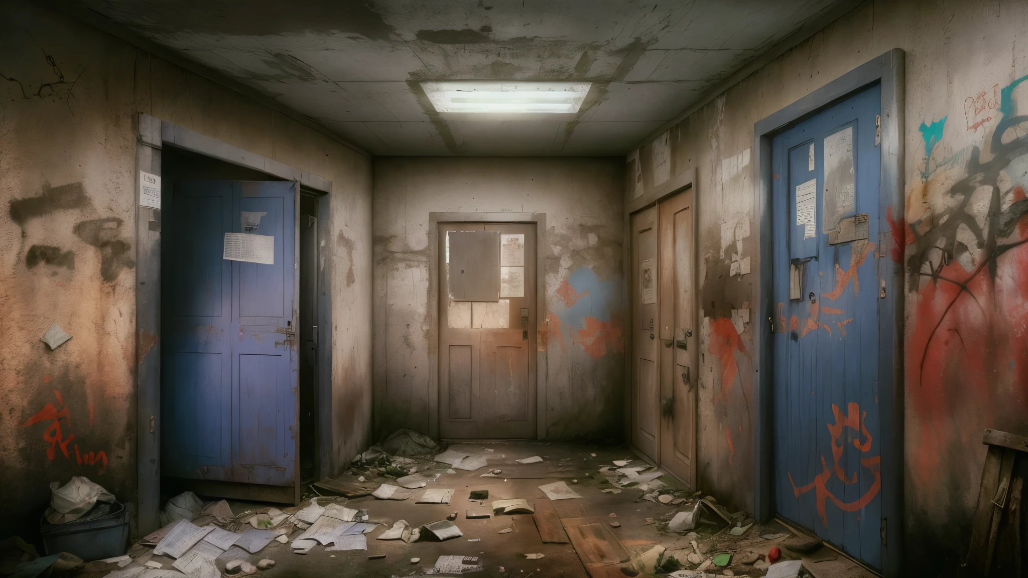 A creepy hospital with walls covered in graffiti, simple doors to hospital rooms tightly closed, leaving stains and scattered rubbish on the floor, moody atmosphere, occasionally you can hear the distant sound of mournful crying or see the emotional tears of the patients; the artwork is in high definition with superb quality, photorealistic painting by midjourney or Greg Rutkowski,