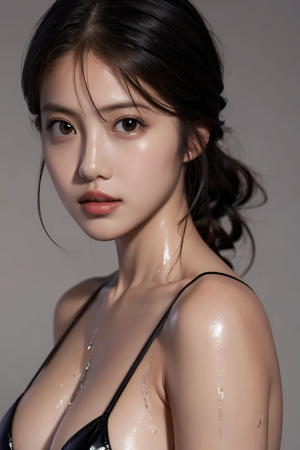 highest quality, masterpiece, ultra high resolution, (realistic:1.4), RAW photo, 1 girl, black hair, shiny skin, wet body, dramatic lighting, whole body, Female dog, micro bikini, huge breasts
